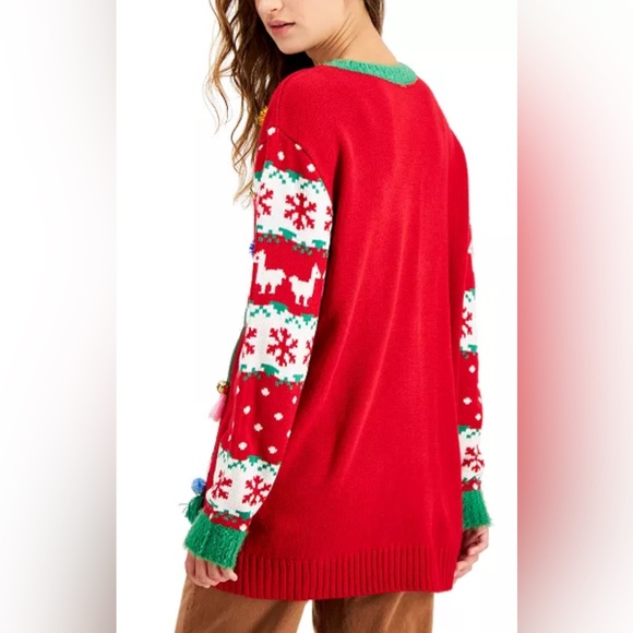Hooked Up Ugly Christmas Sweater Red with Llama Design POM POM & jingle bells - Picture 10 of 13